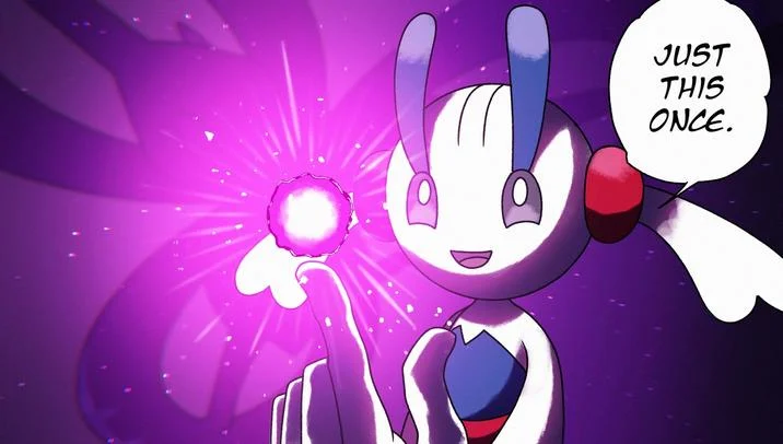 Meloetta Pokemon holding glowing orb with 'Just this once' speech bubble