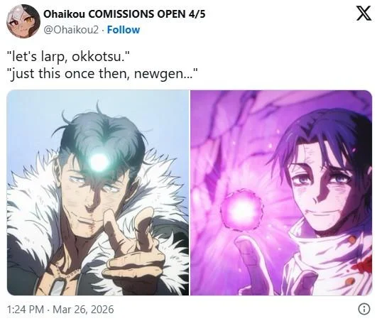Twitter post comparing two anime characters with 'let's larp' and 'just this once' captions