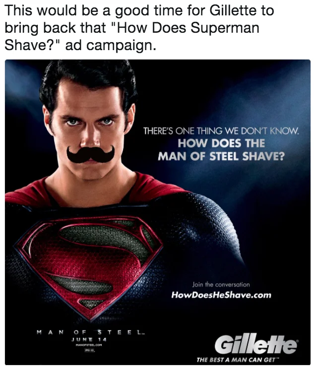 Justice League (2017 Film) — Superman with fake mustache in a Gillette Man of Steel ad parody.