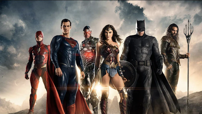 Justice League (2017 Film) — Justice League movie promotional lineup of Flash, Superman, Cyborg, Wonder Woman, Batman, and Aquaman.