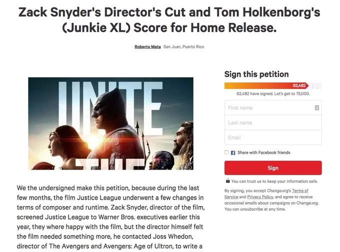 Justice League (2017 Film) — Change.org petition page requesting Zack Snyder's director's cut of Justice League.