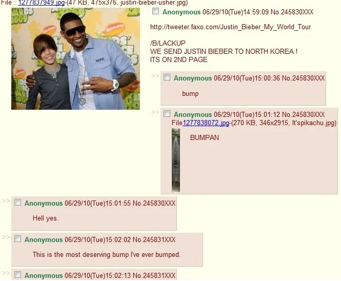 Justin Bieber to North Korea! — 4chan /b/ thread screenshot organizing the send Bieber to North Korea campaign
