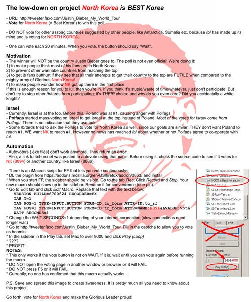 Justin Bieber to North Korea! — Instructional 4chan guide for the North Korea is Best Korea Bieber voting project