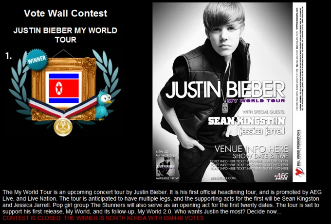 Online poll showing Justin Bieber vs North Korea voting contest