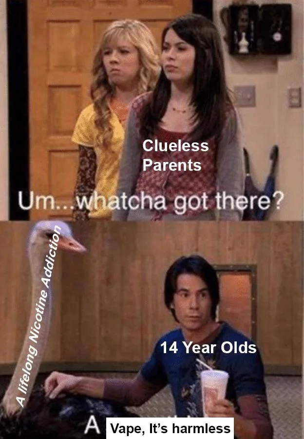 JUUL — iCarly two panel meme comparing clueless parents and teens with lifelong nicotine addiction