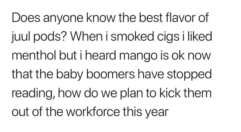 Tweet screenshot joking about juul pod flavors and boomers