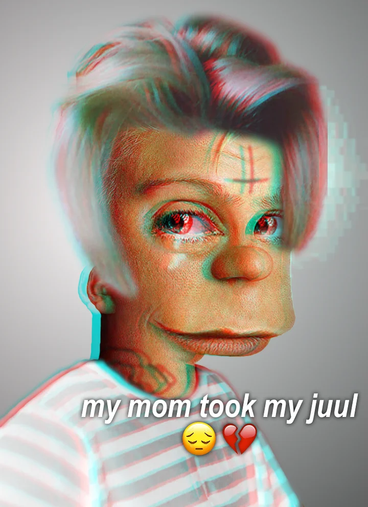 Cursed distorted image of a boy captioned my mom took my juul