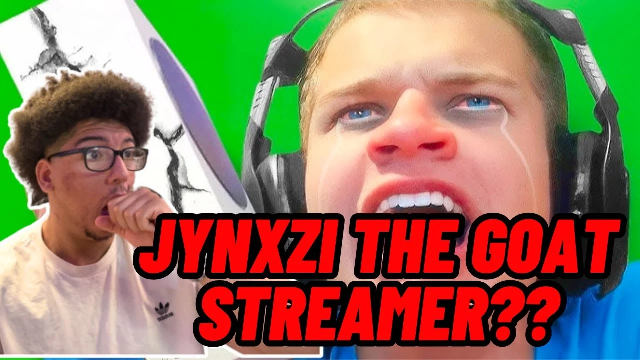 Jynxzi Memes — Split-screen reaction meme with bright green background showing two figures in headphones with red text 'JYNXZI THE GOAT STREAMER???'