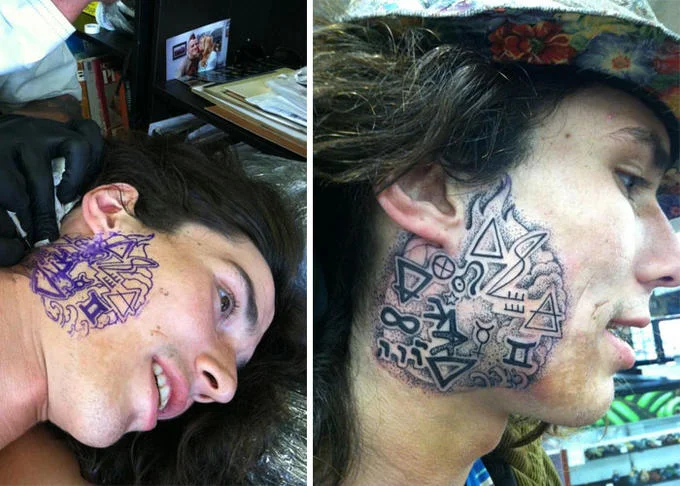 Kai The Hatchet Wielding Hitchhiker — Kai receiving a large symbolic face tattoo, shown before and after completion