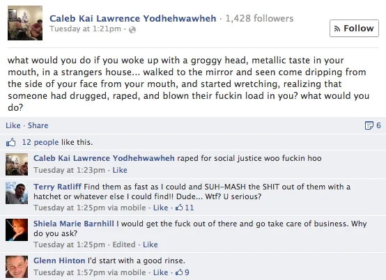 Kai The Hatchet Wielding Hitchhiker — Facebook post by Kai alleging he was drugged and assaulted, with friend comments