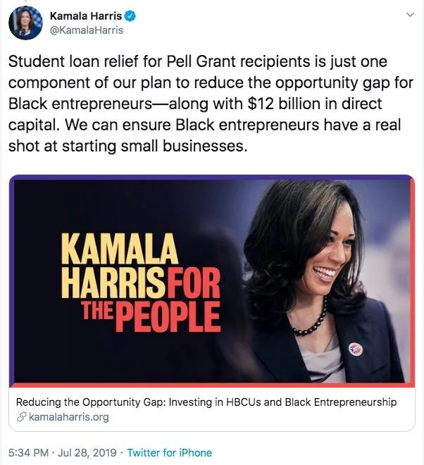 Kamala Harris' Student Debt Forgiveness Plan — Kamala Harris follow-up tweet explaining the plan as part of a broader Black entrepreneur initiative.