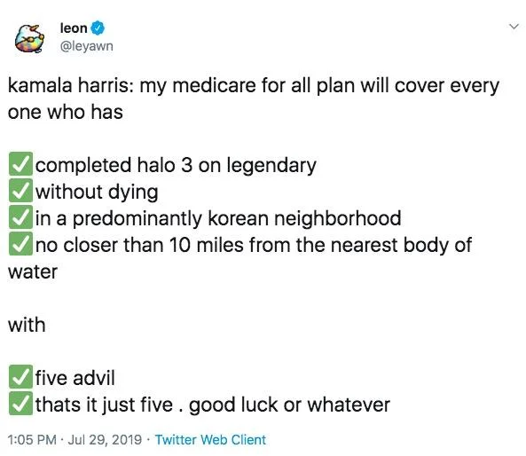 Kamala Harris' Student Debt Forgiveness Plan — Parody tweet listing absurd conditions for Medicare eligibility.