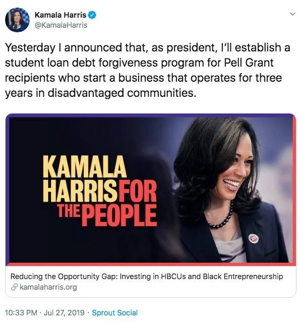 Kamala Harris' Student Debt Forgiveness Plan — Kamala Harris tweet announcing student loan forgiveness program for Pell Grant recipients.
