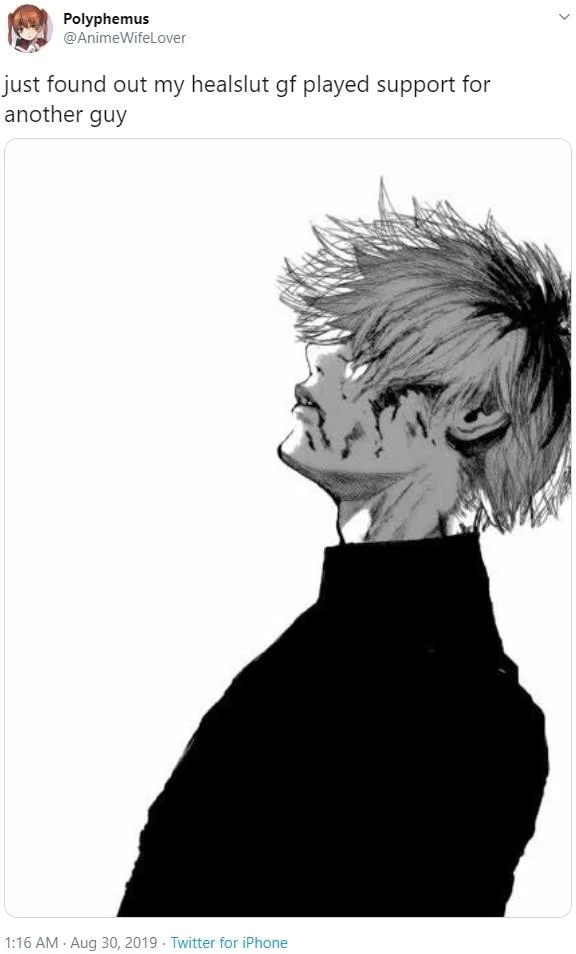 Twitter post using Kaneki profile picture with text about girlfriend playing support for another guy.