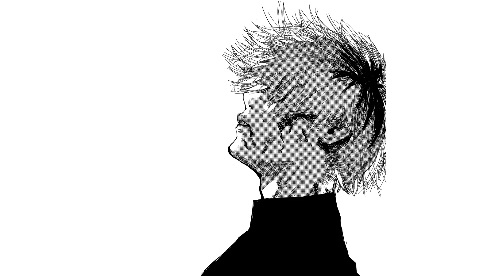 Kaneki Profile Picture — Black and white side profile manga drawing of Ken Kaneki from Tokyo Ghoul wearing a black turtleneck.