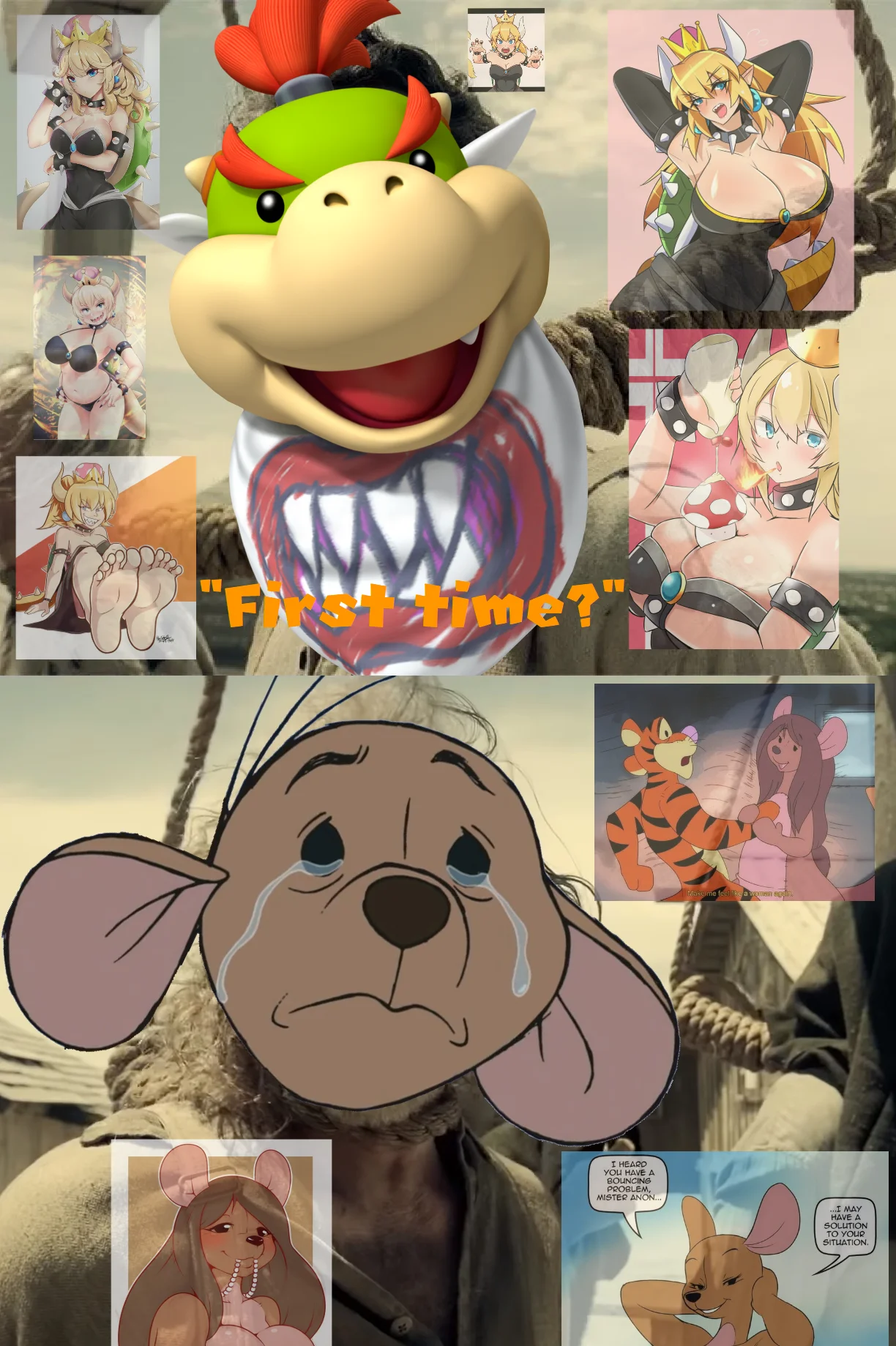 Bowsette and Kanga With Hair crossover meme with crying Roo and First Time caption