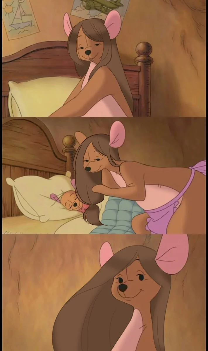 Kanga With Hair — Three-panel compilation of Kanga with long brown hair in various scenes
