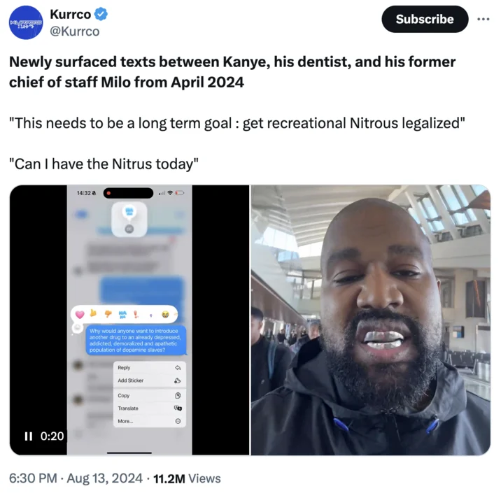 Kanye Is Golden Freddy Can I Have The Nitrus Today — Kurrco tweet reporting Kanye West Nitrus text messages with 11.2M views