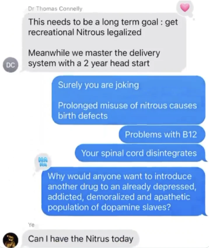 Kanye Is Golden Freddy Can I Have The Nitrus Today — iMessage screenshot of Kanye asking his dentist 'Can I have the Nitrus today'