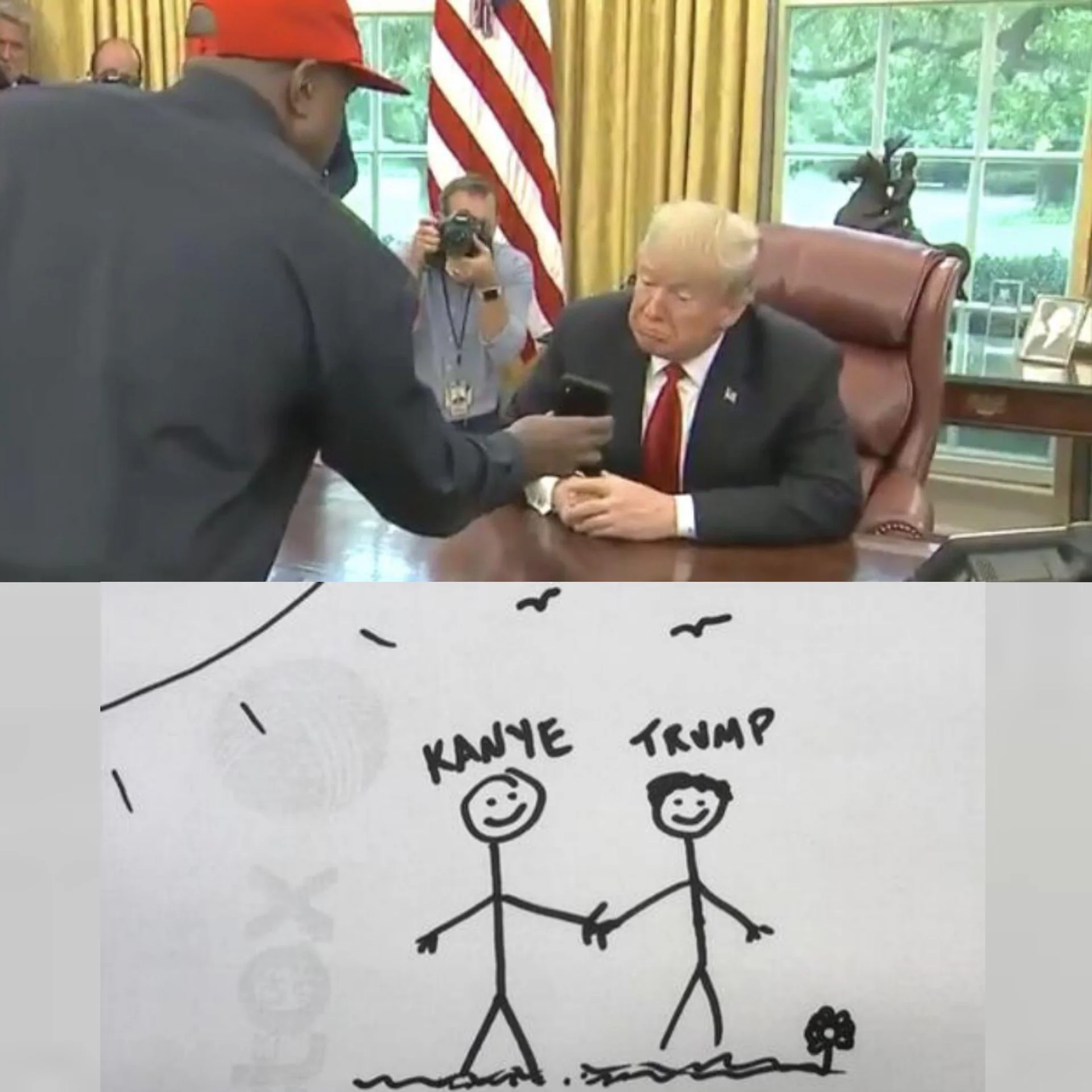Kanye West's 2018 White House Visit — Meme edit of Kanye and Trump handshake with a bodybuilder arm superimposed