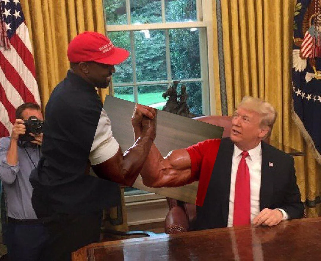 Kanye West's 2018 White House Visit — Kanye West in red MAGA hat shaking hands with Donald Trump in the Oval Office