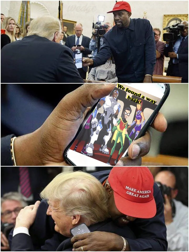 Kanye West's 2018 White House Visit — Two-panel meme of Kanye showing Trump his phone next to a stick figure drawing of the two holding hands