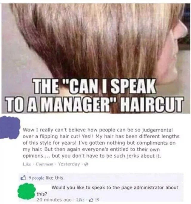 Karen — Facebook screenshot of short blonde bob haircut captioned 'THE CAN I SPEAK TO A MANAGER HAIRCUT.'