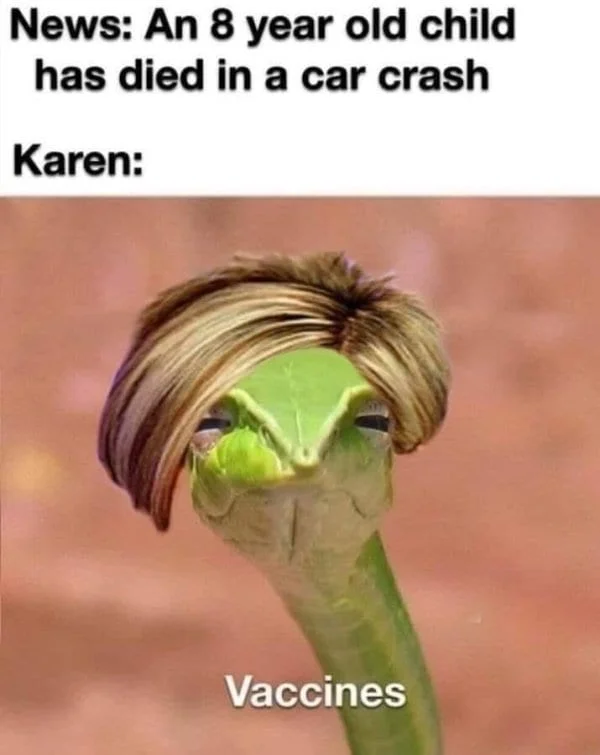Close-up of green snake wearing short blonde Karen bob haircut wig with text about Karen blaming vaccines.