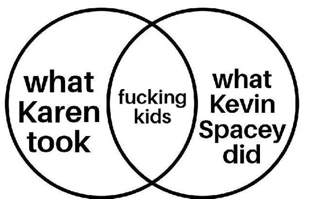 Black-and-white Venn diagram with 'what Karen took' and 'what Kevin Spacey did' overlapping at 'fucking kids.'