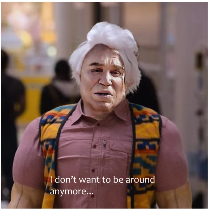 Karl Havoc composited into a mall background with caption 'I don't want to be around anymore...'