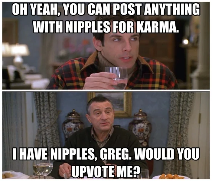 Karma Whore — Meet the Parents meme with De Niro asking if Greg would upvote him for his nipples