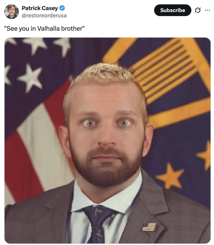 Kash Patel Ill See You In Valhalla — Twitter screenshot of Patrick Casey tweeting 'See you in Valhalla brother' with formal headshot against American flag.