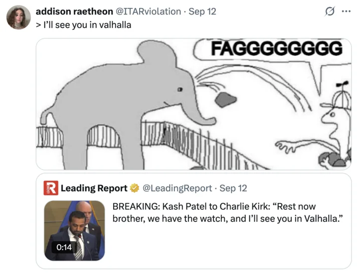 Kash Patel Ill See You In Valhalla — Twitter screenshot showing crude elephant reaction meme as satirical commentary on Kash Patel's Valhalla statement.