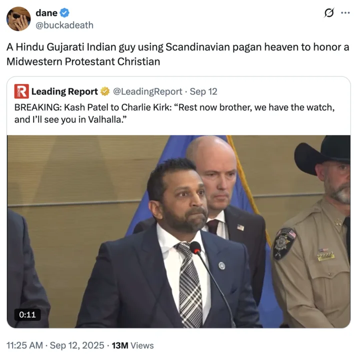 Kash Patel Ill See You In Valhalla — Twitter screenshot of Leading Report news alert displaying Kash Patel's quote about seeing brother in Valhalla.
