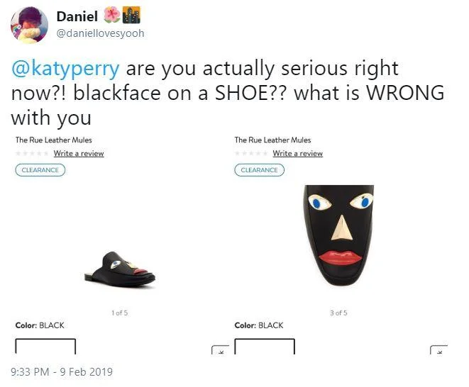 Katy Perry Blackface Shoes Controversy — Tweet from Daniel calling out Katy Perry over Rue Leather Mules blackface design