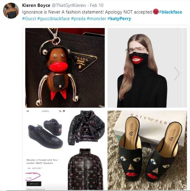 Katy Perry Blackface Shoes Controversy — Tweet showing collage of Prada, Gucci, Moncler and Katy Perry blackface fashion controversies