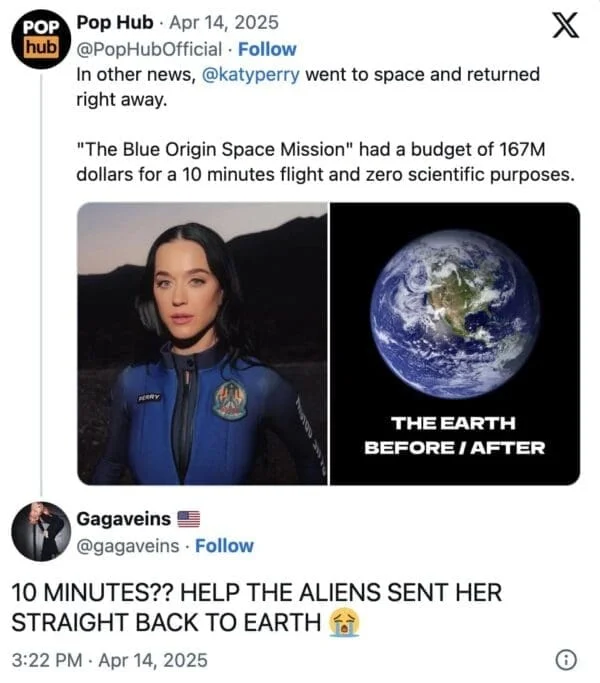 Katy Perry Space Trip — Before/after meme about Katy Perry's space trip with Earth comparison and alien joke