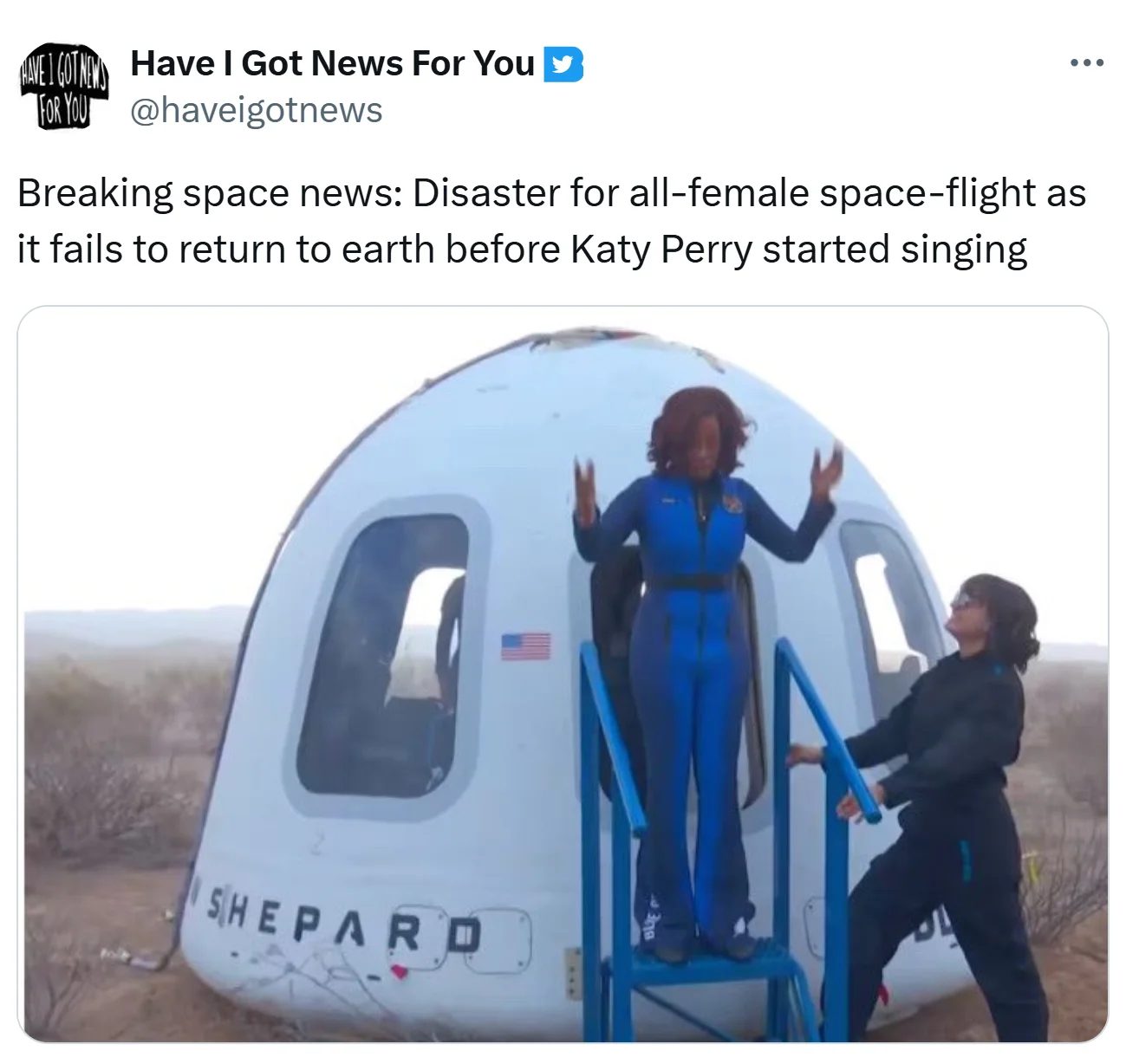 Katy Perry Space Trip — Twitter meme about Katy Perry's space trip showing Blue Origin spacecraft with space-suited astronaut