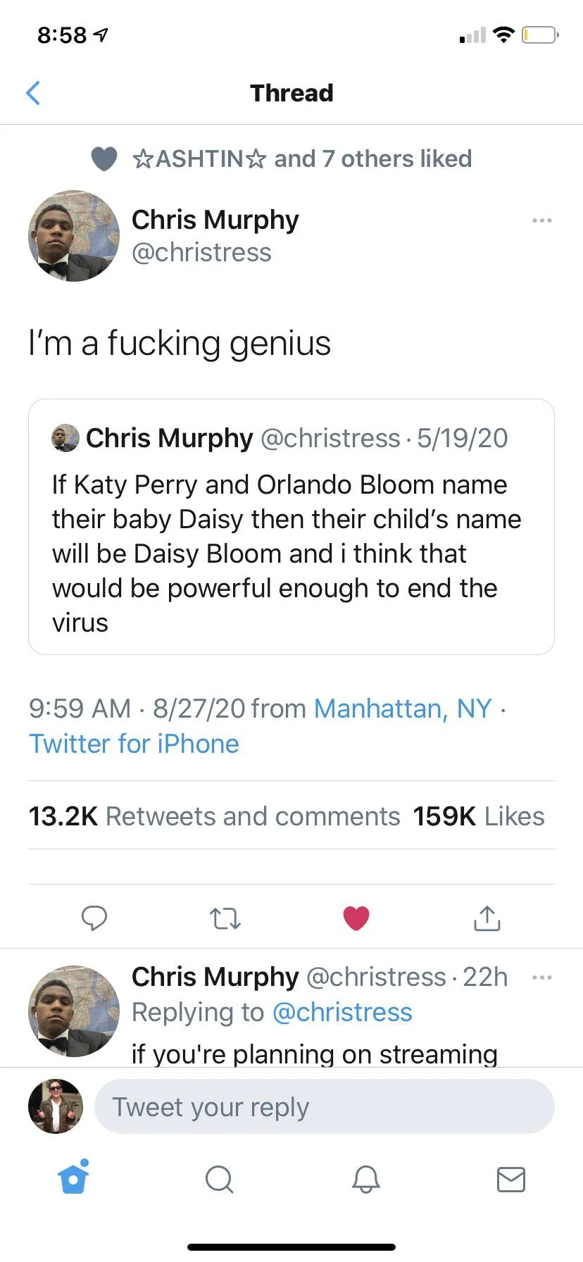 Screenshot of viral tweet joking about Katy Perry and Orlando Bloom naming baby Daisy Bloom