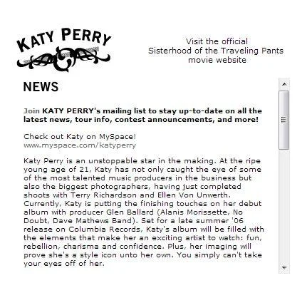 Early Katy Perry website news page mentioning MySpace and her debut album