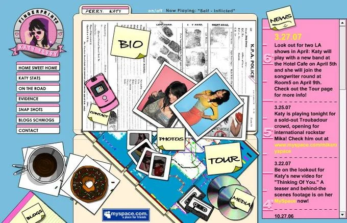 Screenshot of Katy Perry's 2007 MySpace-era personal website with polaroid and news layout