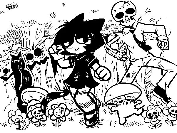 Chaotic black and white illustration of Katya the Witch surrounded by skeletons, magical effects, and dynamic action.
