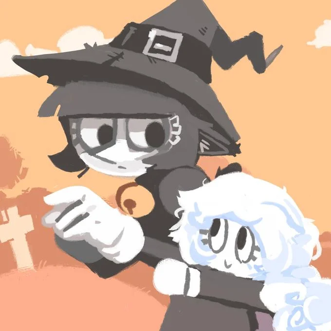 Bright colored illustration of Katya the Witch with animated expression on striking red background.
