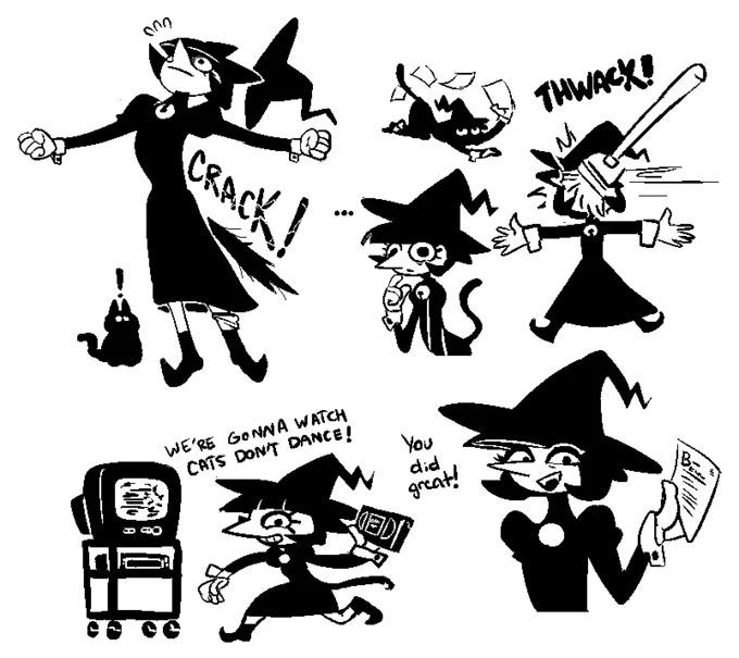 Black and white comic strip with multiple panels showing Katya the Witch in action sequences and comedic interactions.