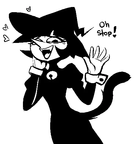 Black and white sketch of Katya the Witch with gleeful expression waving hand and wearing sharp-angled witch hat.