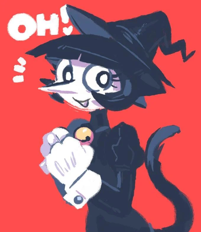 Colorful illustration of Katya the Witch with excited happy expression against striking red background.