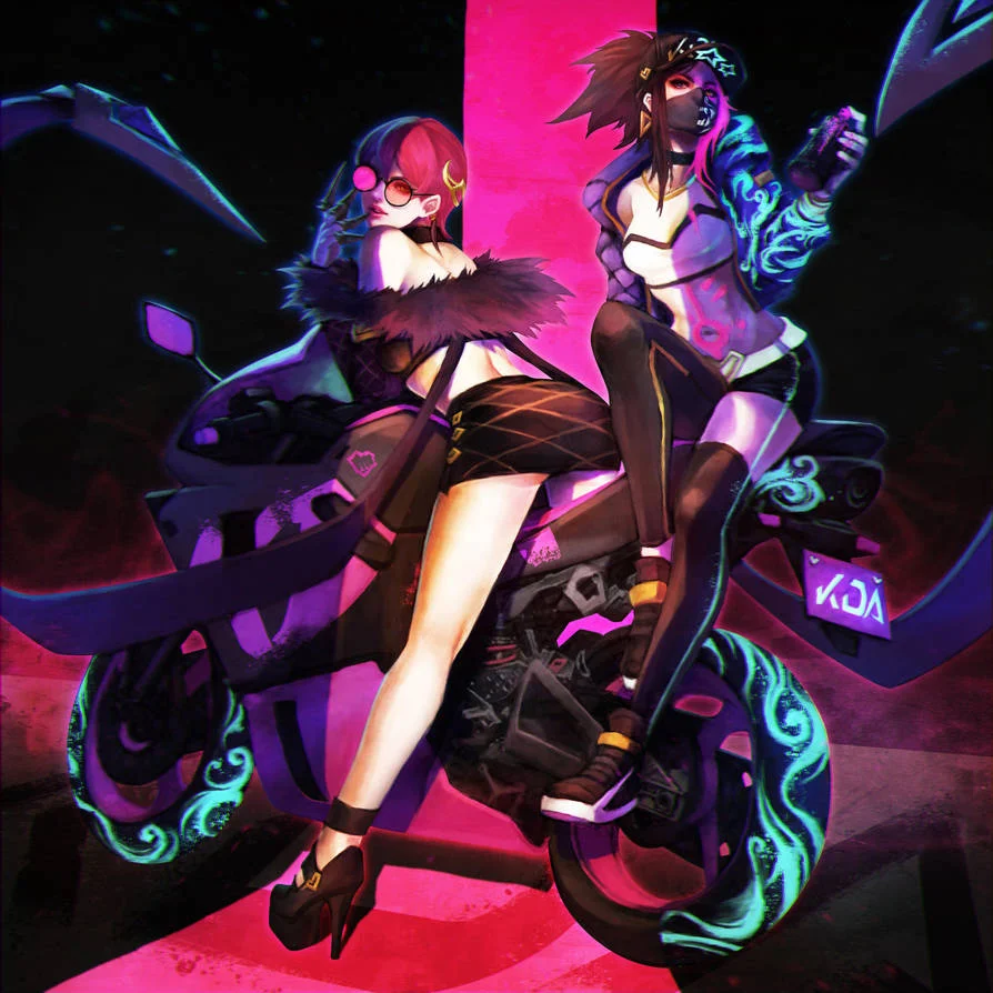 Fan art of K/DA Evelynn and Akali on a neon motorcycle