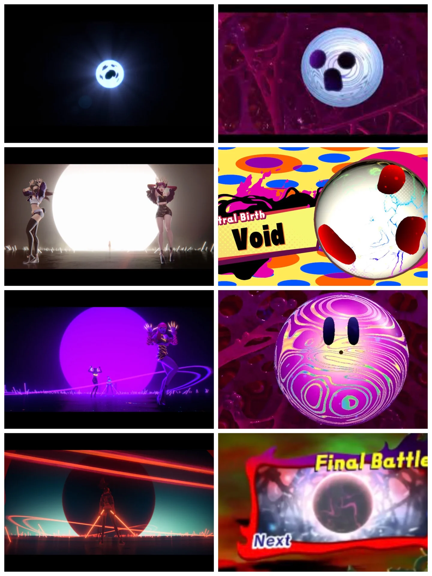 Comparison collage of K/DA POP/STARS music video scenes next to Kirby game screenshots