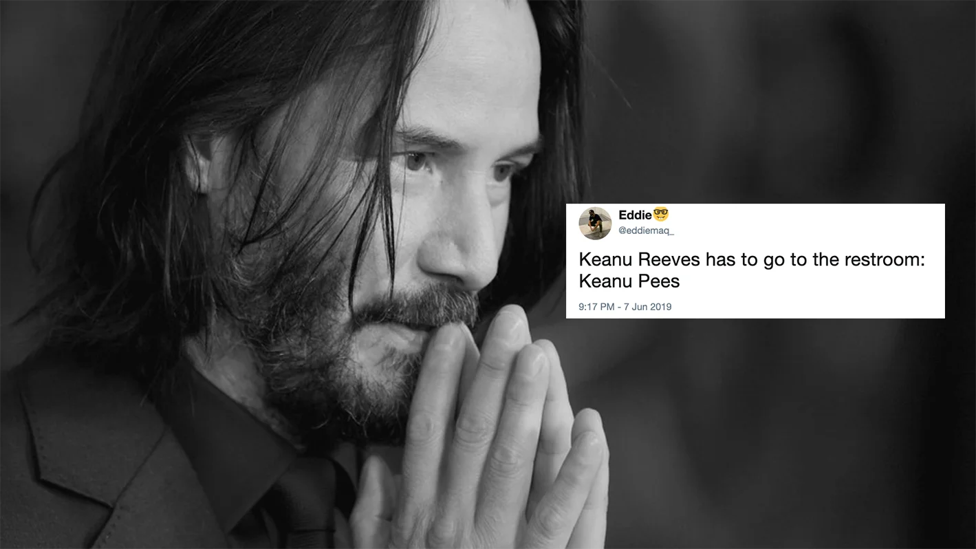 Keanu Reeves Name Puns — Pensive black-and-white photo of Keanu Reeves next to a tweet joking that Keanu going to the restroom is 'Keanu Pees'.