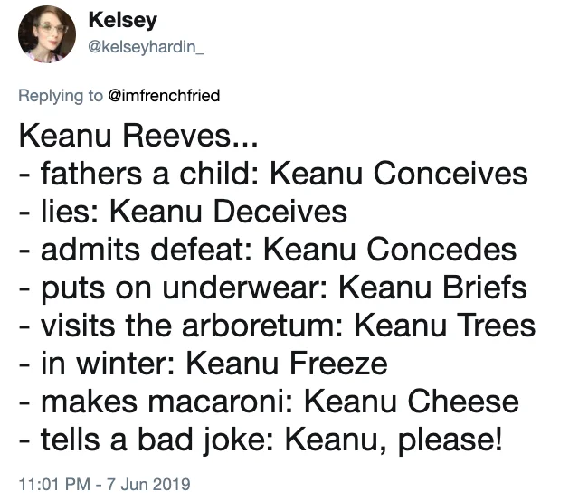 Keanu Reeves Name Puns — Tweet by Nina-Grace punning that Keanu Reeves saving Christmas is 'Keanu Wreaths'.